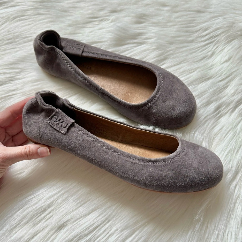 Grey suede slip ons